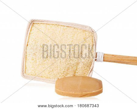 Bar of natural brown soap and Wooden loofah or loofah brush for scrub body isolated on white background Save clipping path