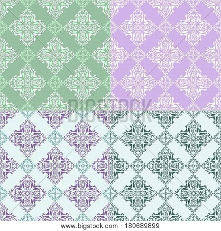 Set of seamless pattern with squares from green white violet purple outlines on light green green and violet background. Ornamental pattern from curve lines