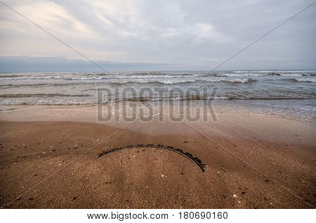 Sunset At The Sea Shore Of A Beach With Rocks And Stormy Waves, Beautiful Seascape At Caspian Sea Ab