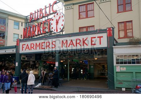 SEATTLE, WASHINGTON, USA - JAN 24th, 2017: Entrance to the Pike Place Market in Seattle Downtown. The market opened in 1907 and is still a major tourist attraction on the waterfront.