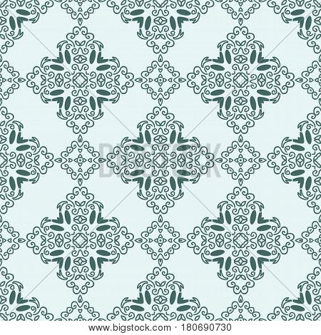 Seamless pattern with squares from dark green outlines on light green background. Ornamental pattern from curve lines