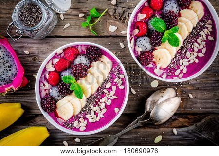 Blueberry Smoothie Bowl With Banana, Raspberry, Pitaya, Blackberry, Almonds, Sunflower And Chia Seed
