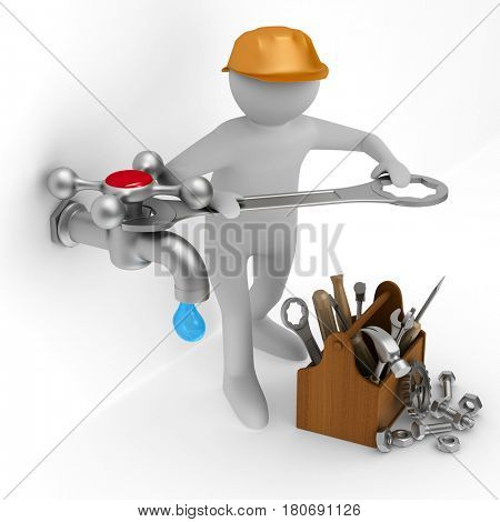Repair water tap. Isolated 3D illustration