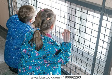Children in the entrance looking at the street through the bars and window. Boy's and girl's jackets and pants sit with their back to us and hold onto the bars with his hands.