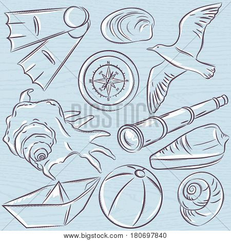 Set of summer symbols boat seashell compass teleskope seagull on a blue grunge background vector illustration.