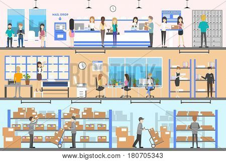 Post office interior set. Delivering and sending the mails and parcels.