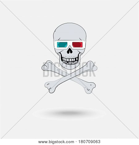 Pirate symbol as a skull with 3d glasses and crossed bones isolated on the white background. Design idea concept unlicensed pirate video.