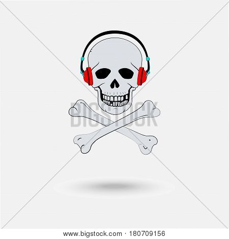 Pirate symbol as a skull with headphones and crossed bones isolated on the white background. Design idea concept unlicensed pirate video.