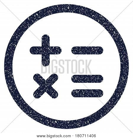 Calculator grainy textured icon inside circle for overlay watermark stamps. Flat symbol with dirty texture. Circled vector indigo blue rubber seal stamp with grunge design.