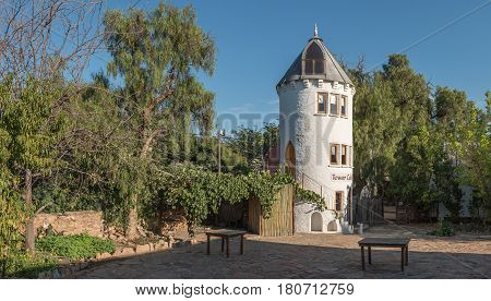 NIEU BETHESDA SOUTH AFRICA - MARCH 22 2017: A guest house in the form of a tower in Nieu-Bethesda an historic village in the Eastern Cape Province