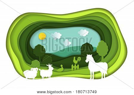 Paper art carving with green lanscape with farm animals. Agriculture concept. Cut style. Vector illustration.