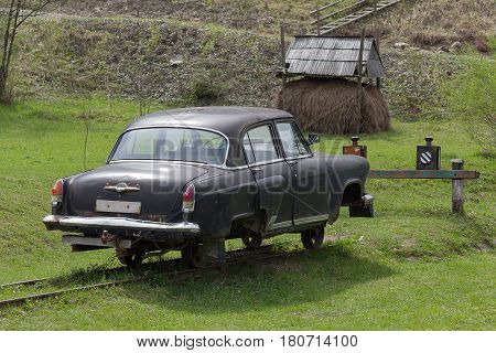 Kolochava Ukraine - April 18 2016: Old Soviet car converted into a trolley in the museum 