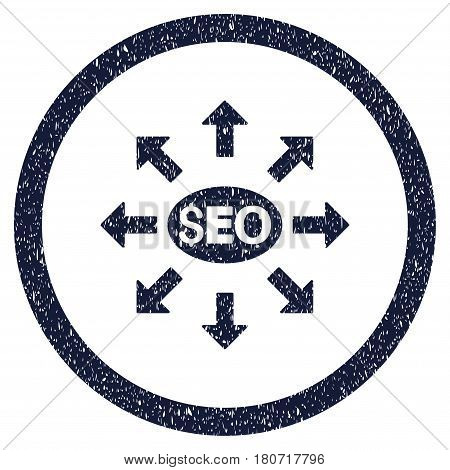 Seo Distribution grainy textured icon inside circle for overlay watermark stamps. Flat symbol with unclean texture. Circled vector indigo blue rubber seal stamp with grunge design.