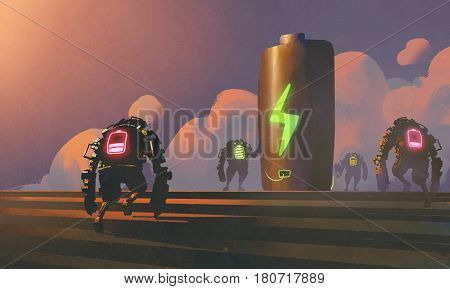 scene of robots with energy status tries to charging battery at the station ,illustration painting
