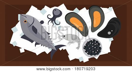 Seafood flat tasty cooking delicious can be used for layout advertising and fresh shrimp shellfish web design gourmet restaurant meal vector illustration. Raw or prepared diet marine ingredient.
