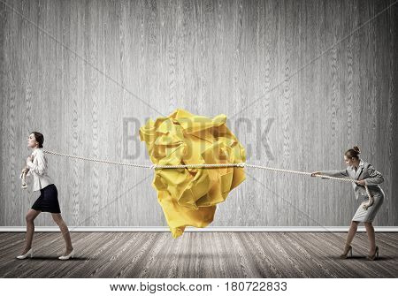 Two businesswomen playing tag of war game
