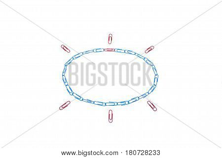 Office supplies background: colorful paper clips on a white surface