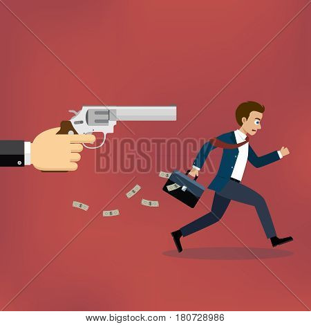 Businessman running away from gunman on the red background.