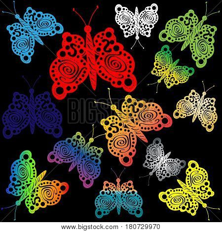 Multicolored butterflies a pattern with a pattern on black