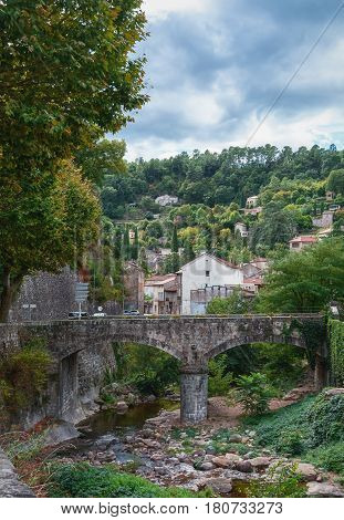 River along the old town Largentiere in the Ardeche region of France