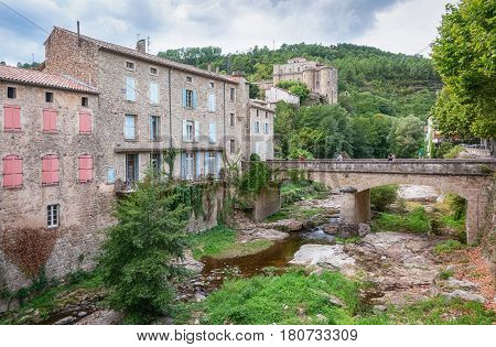 River along the old town Largentiere in the Ardeche region of France