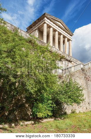 The neoclassical courthouse in Largentiere in the Ardeche region of France looks like a Greece temple
