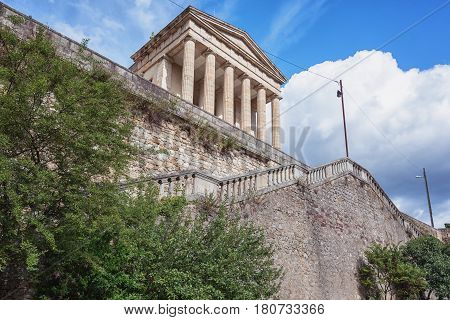 The neoclassical courthouse in Largentiere in the Ardeche region of France looks like a Greece temple