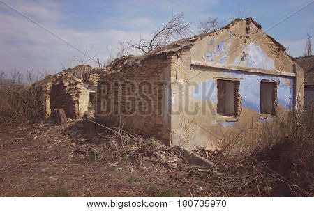 Old ruined house. House without a roof