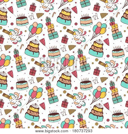 Vector seamless hand drawn pattern. Happy birthday background