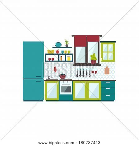Kitchen interior in flat style. Isolated kitchen with fridge and window. Vector illustration.