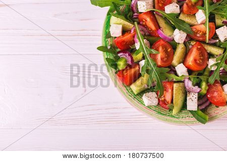 Traditional Bulgarian Salad Shopski With Fresh Vegetables And Feta