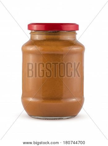 Eggplant jam in a glass jar isolated on white background with clipping path.