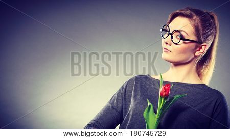 Beauty Woman With Tulip Flower.