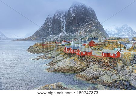 Travel Concepts and Ideas. Traditional Fishing Hut Village in Hamnoy During Early Spring Time in Lofoten Islands Norway. Horizontal Image Composition
