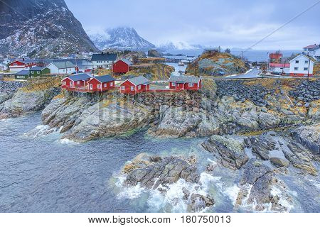 Travel Concepts and Ideas. Traditional Fishing Hut Village in Hamnoy During Early Spring Time in Lofoten Islands Norway. Horizontal Image Orientation