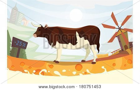 Cute cow with milk river Vector illustration. colorful landscape fith farm