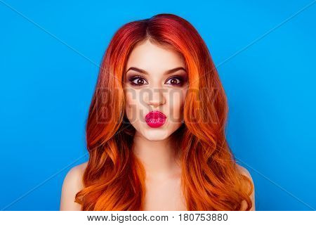Close-up Portrait Of Funny Attractive Cute Girl With Long Ginger With Dye Ombre Fair Hair Pout Lips