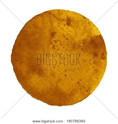 Watercolor abstract yellow circle isolated on white background. Modern spot of round shape painted in watercolor in spicy mustard and orange colors. Trendy watercolour texture of 2017