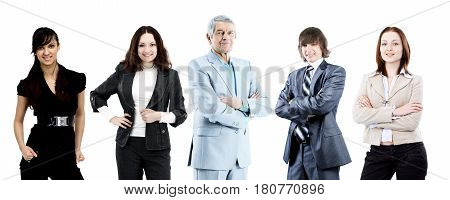 A team of businessmen led by an experienced leader. Isolated on white background.