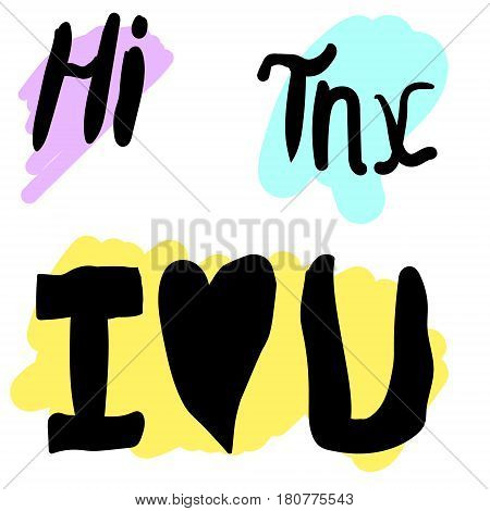 Three isolated handwritten message on color background