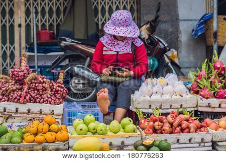 Variety Of Fruits On The Vietnamese Market. Asian Cuisine Concept