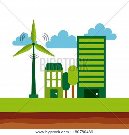 ecology and sustainability building and house with eolic wind. save the planet concept. colorful design. vector illustration