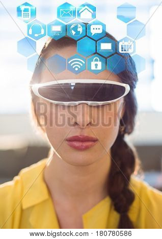 Digital composite of Woman wearing VR Virtual Reality Headset with Interface