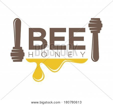 Bee honey logo design with two dippers isolated on white. Organic sweet mead and wooden stick vector illustration. Advertising label for honeymead production with drops yellow healthy substance
