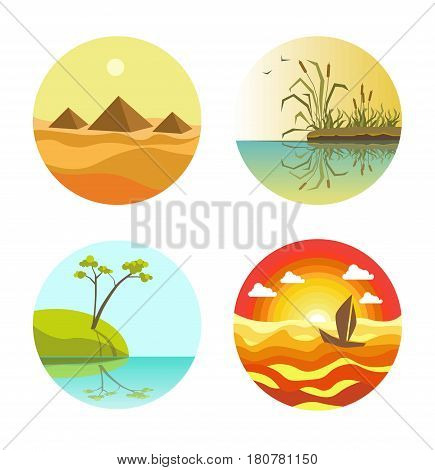 Landscape round icons colorful collection isolated on white. Vector poster of pyramids, reed maces, tree on beach and floating sail boat web buttons. Nature sceneries banner in flat design.
