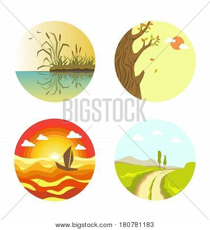 Nature views in round web buttons isolated on white. Landscape of calm weather on river with reed maces on beach, path in field, floating sail boat and tree with colorful falling leaves vector poster