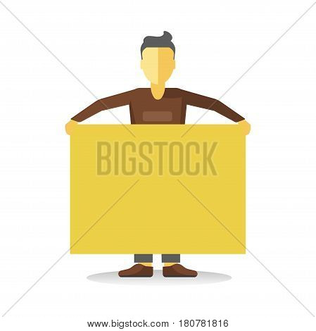 Striking man holding empty yellow banner isolated on white. Faceless person worker demonstrator with bigboard. Vector illustration of male protesting against law at demonstration in flat style design