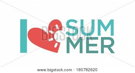 I love summer holiday logo design isolated on white. Vector illustration of cartoon sun in red heartt. Advertisement label logotype greeting of holidays start, text wriyyen by infographic cream