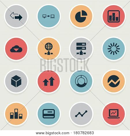 Vector Illustration Set Of Simple Analysis Icons. Elements Double Arrow, Cycle Chart, Data And Other Synonyms Diagram, Wireless And Server.