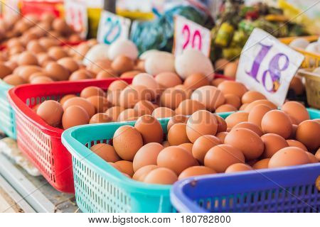 The Eggs - Chicken And Quail In The Wicker Basket On The Vietnamese Market. Asian Food Concept